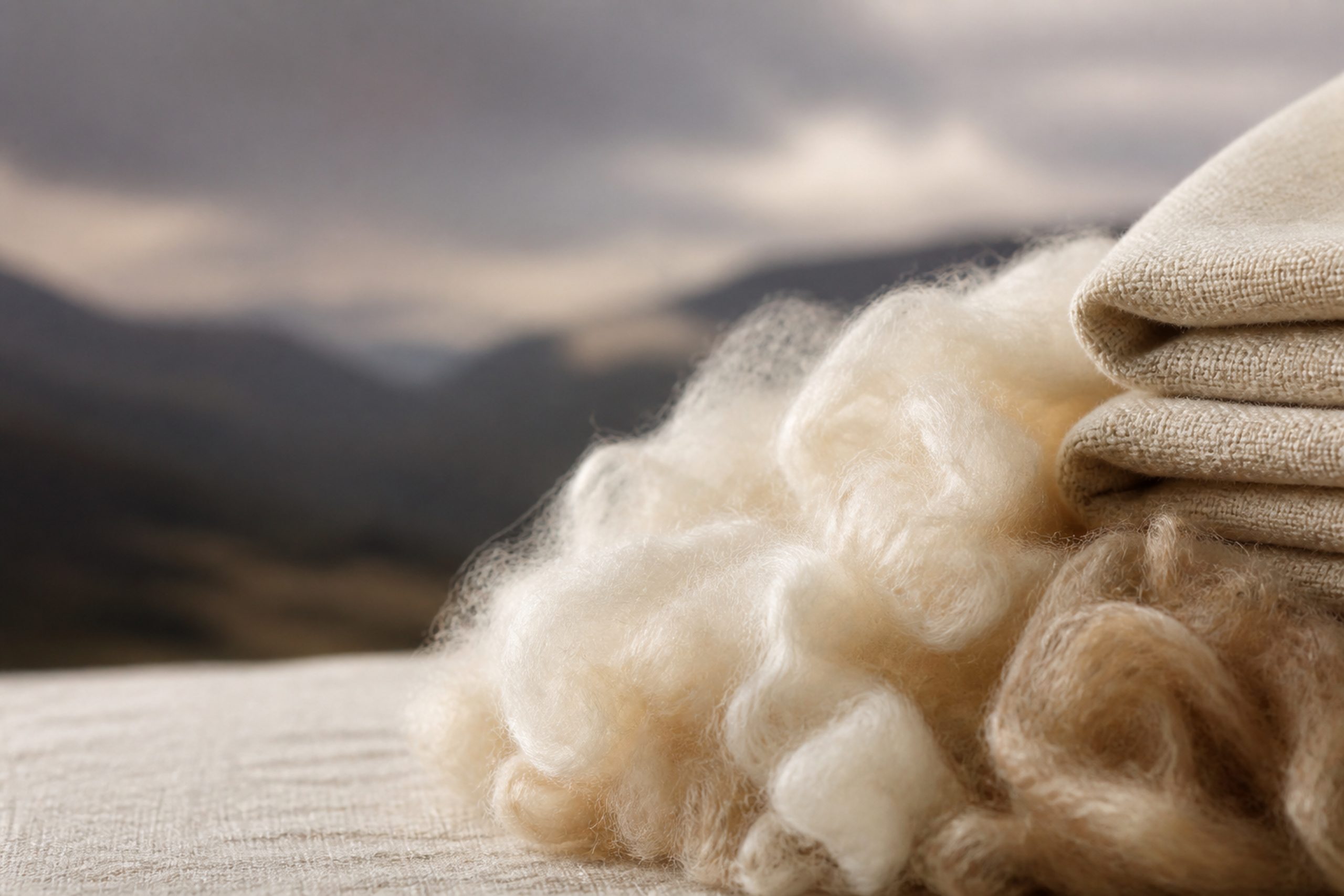 Fine, light-colored alpaca fibers alongside pleated natural fabric on a linen background, set against a softly rendered mountain landscape.