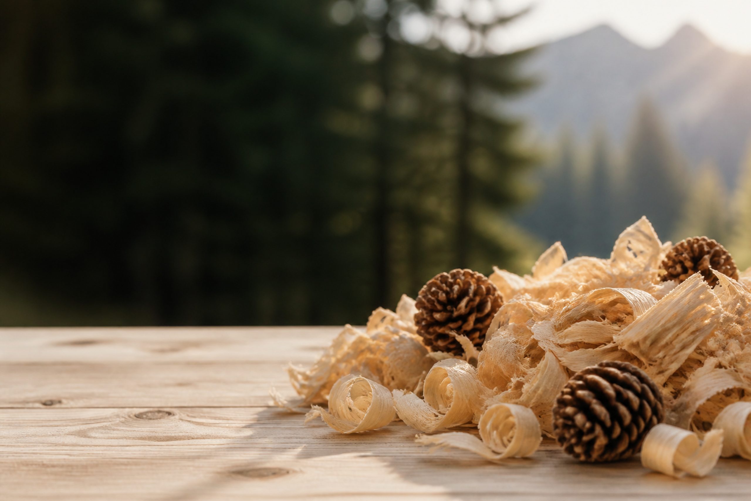 Helle Arvenspäne und Zapfen auf einer Holzfläche vor einem weich gezeichneten Alpenwald.