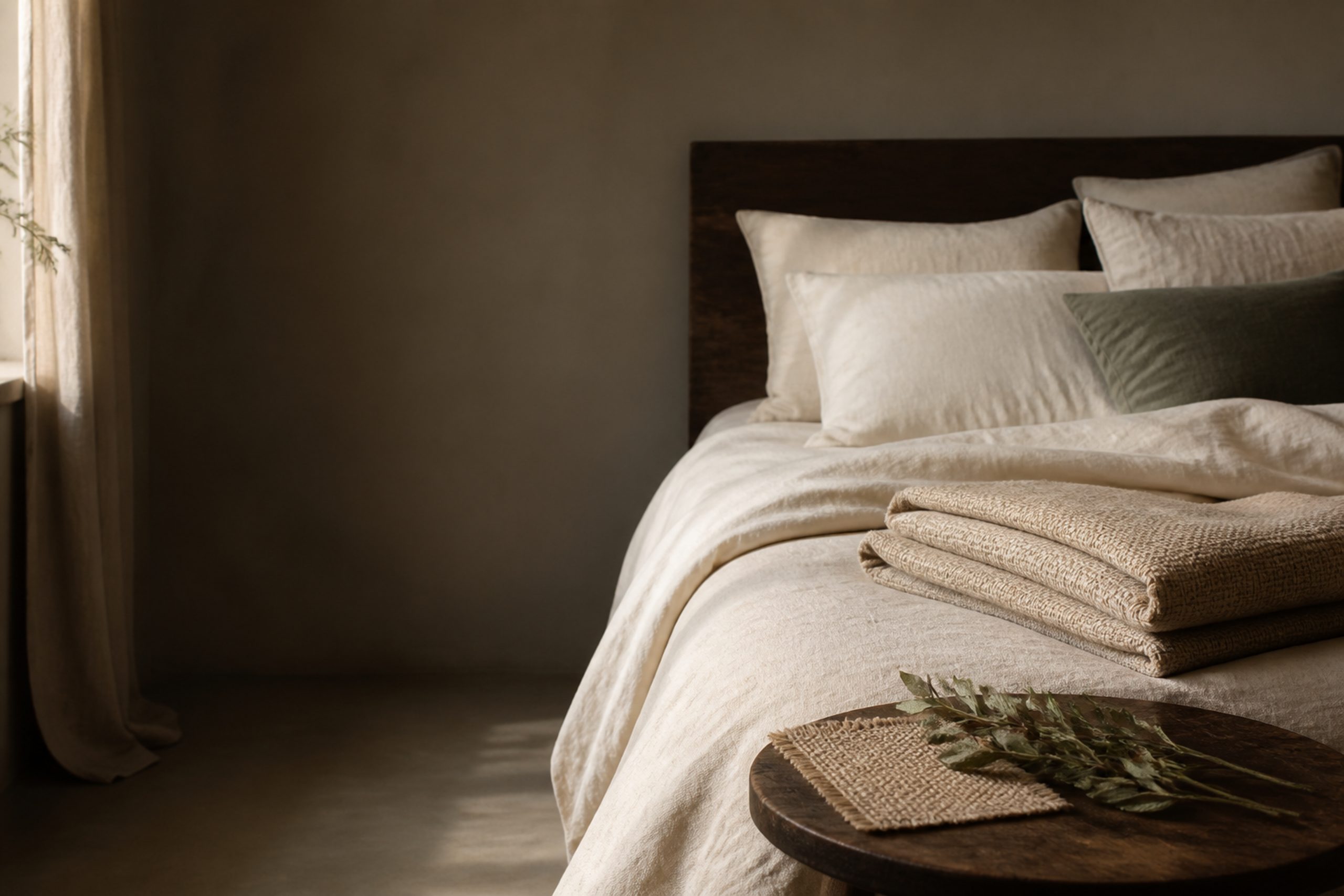 Ruhiges Schlafzimmer mit natürlichen Bettwaren und gefalteten Hanftextilien im warmen Morgenlicht.