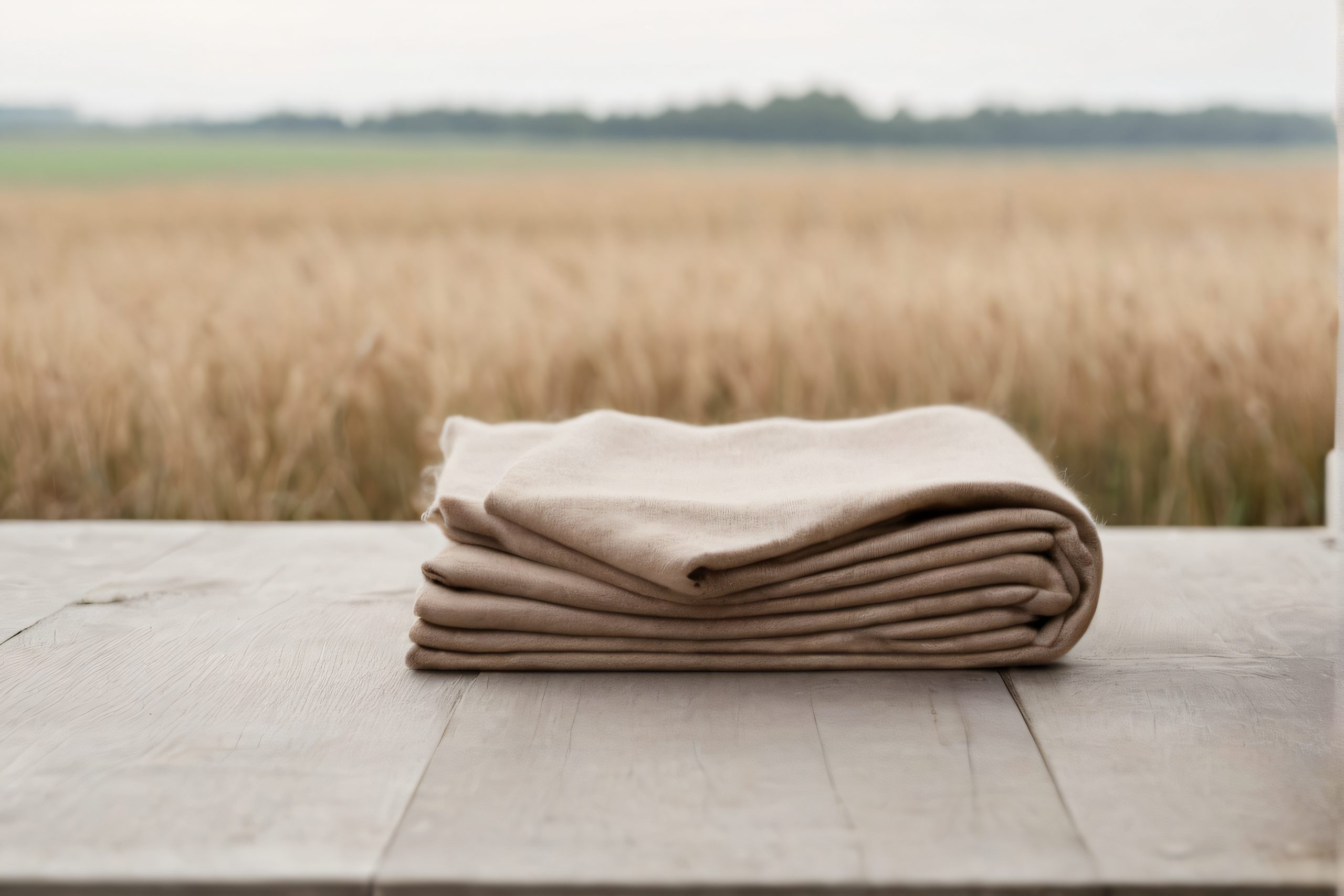 A folded scarf made of brushed camel hair in a warm caramel-beige shade, resting on a light wooden plank against the backdrop of a softly rendered cornfield.