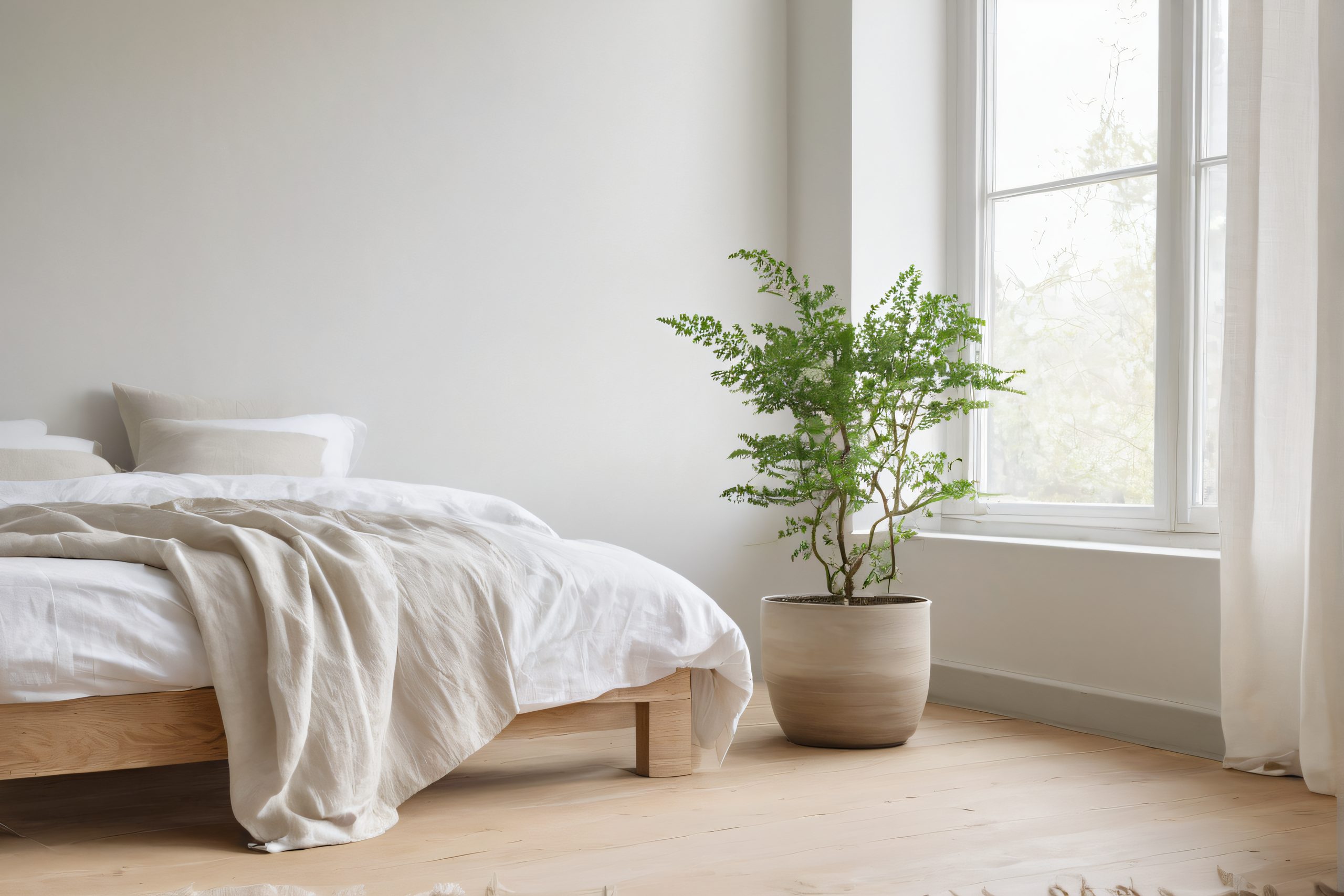 Helles Schlafzimmer am Morgen: Bett aus hellem Holz mit Leinenduvet, daneben eine Pflanze am Fenster