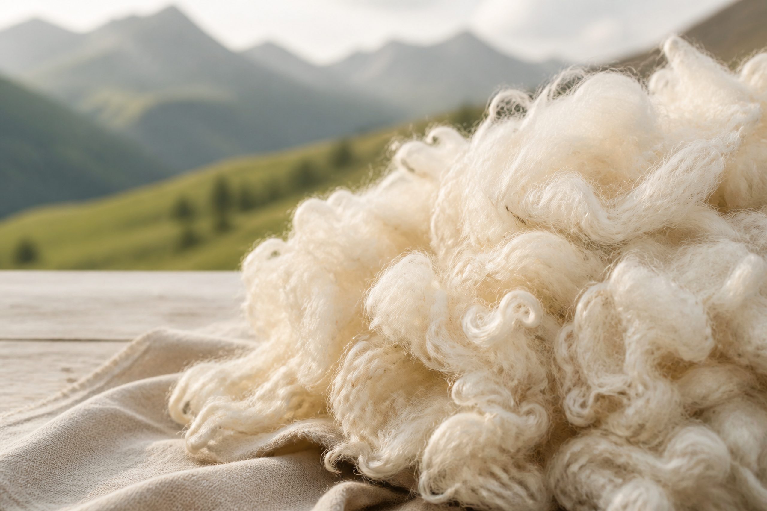 Cremeweisse Schurwolle mit weichen natürlichen Locken vor einer unscharfen Alpenlandschaft.