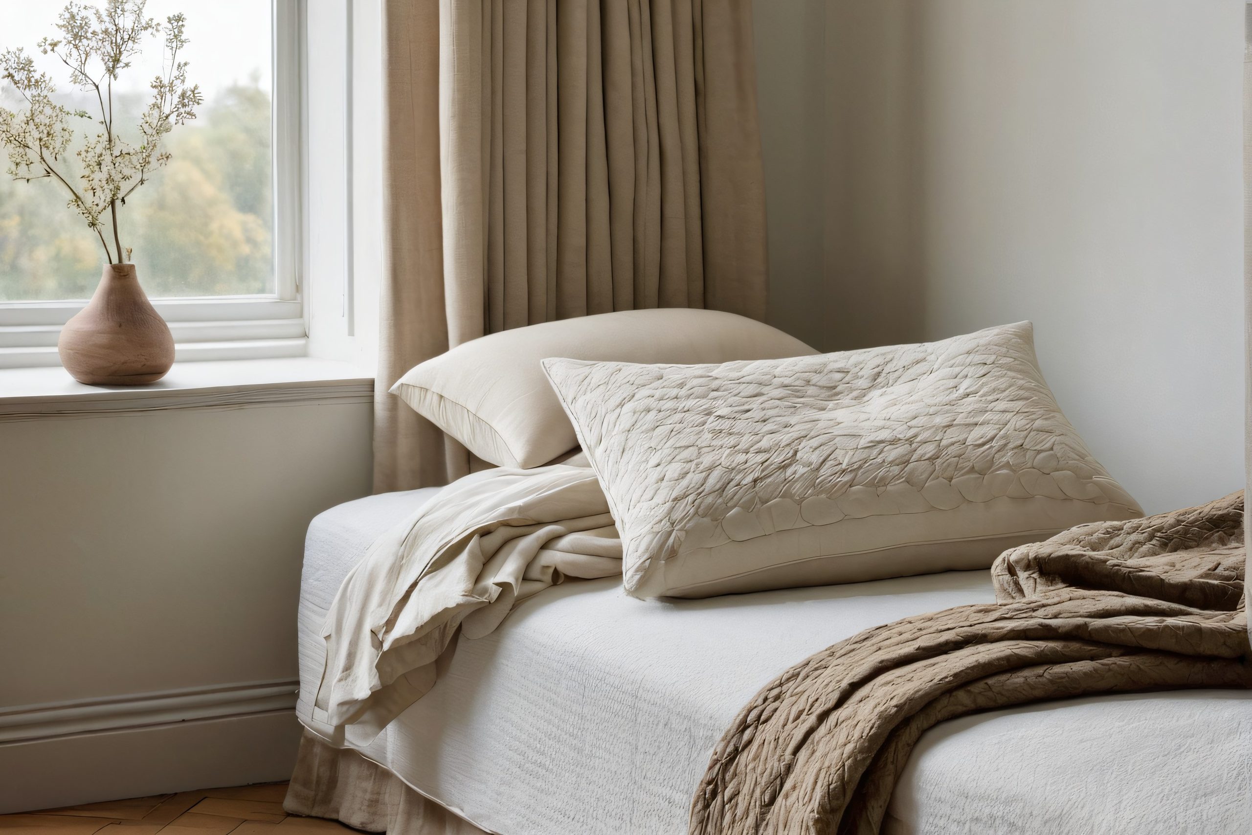 Ruhige textile Schlafszene im Morgenlicht: ein grosses, strukturiertes Kissen und ein weich bezogenes Matratzenende liegen rechts im Bild, links bleiben Fenster, Wand und Boden ruhig und hell.