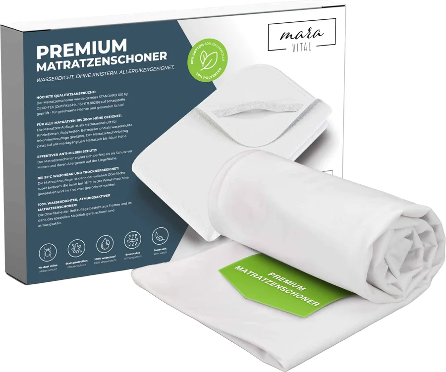 Wasserdichter Matratzenschoner von Mara Vital, gerollt vor seiner Verpackung