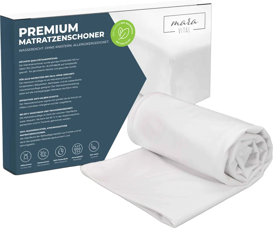 Wasserdichter Molton-Matratzenschoner von Mara Vital, gerollt vor seiner Verpackung