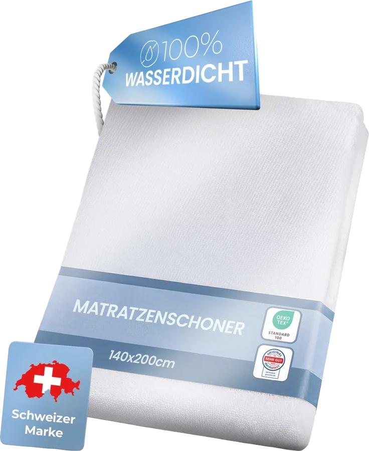 Weisser Frottee-Matratzenschoner in seiner Verpackung, mit dem Anhänger «100 % wasserdicht»
