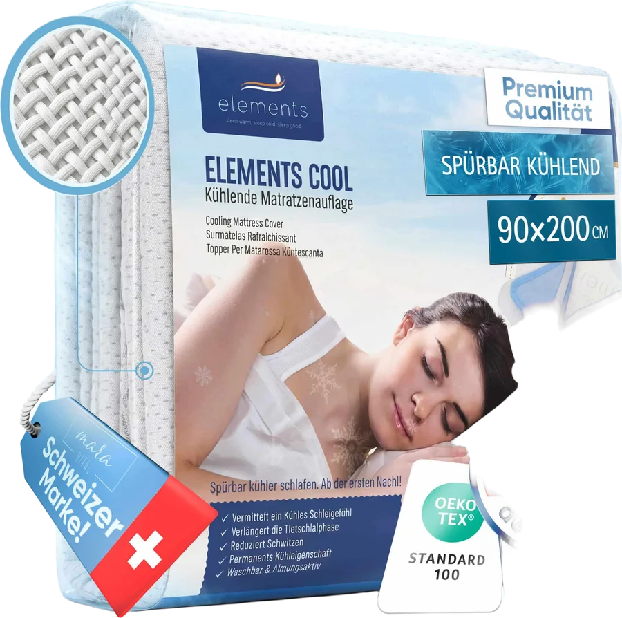 Kühlende Matratzenauflage Elements Cool in ihrer Verpackung, 90 × 200 cm