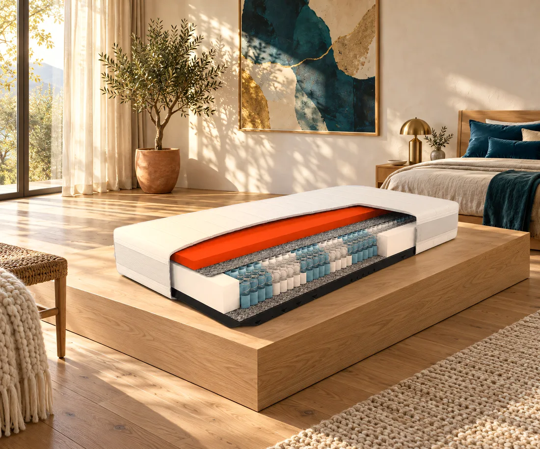 Sonniger Showroom: die Matratze Sleep Balance TFK aufgeschnitten auf einem Podest aus Eiche, Taschenfedern unter einer orangen Schaumschicht