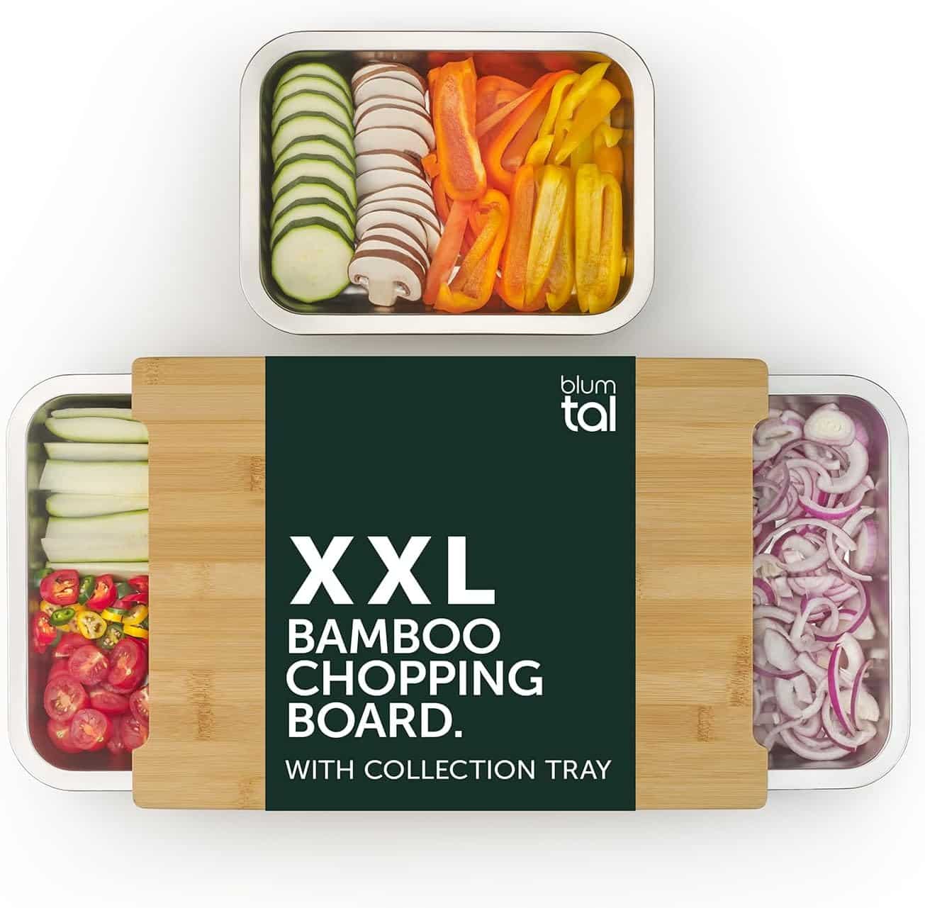 Schneidebrett aus Bambus mit 3 Edelstahl-Auffangschalen und Antirutschfüßen – 40 × 28,5 cm