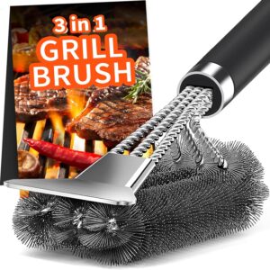 Brosse à barbecue avec des poils en acier inoxydable extra-longs, une spatule en acier inoxydable et un manche en PP isolant