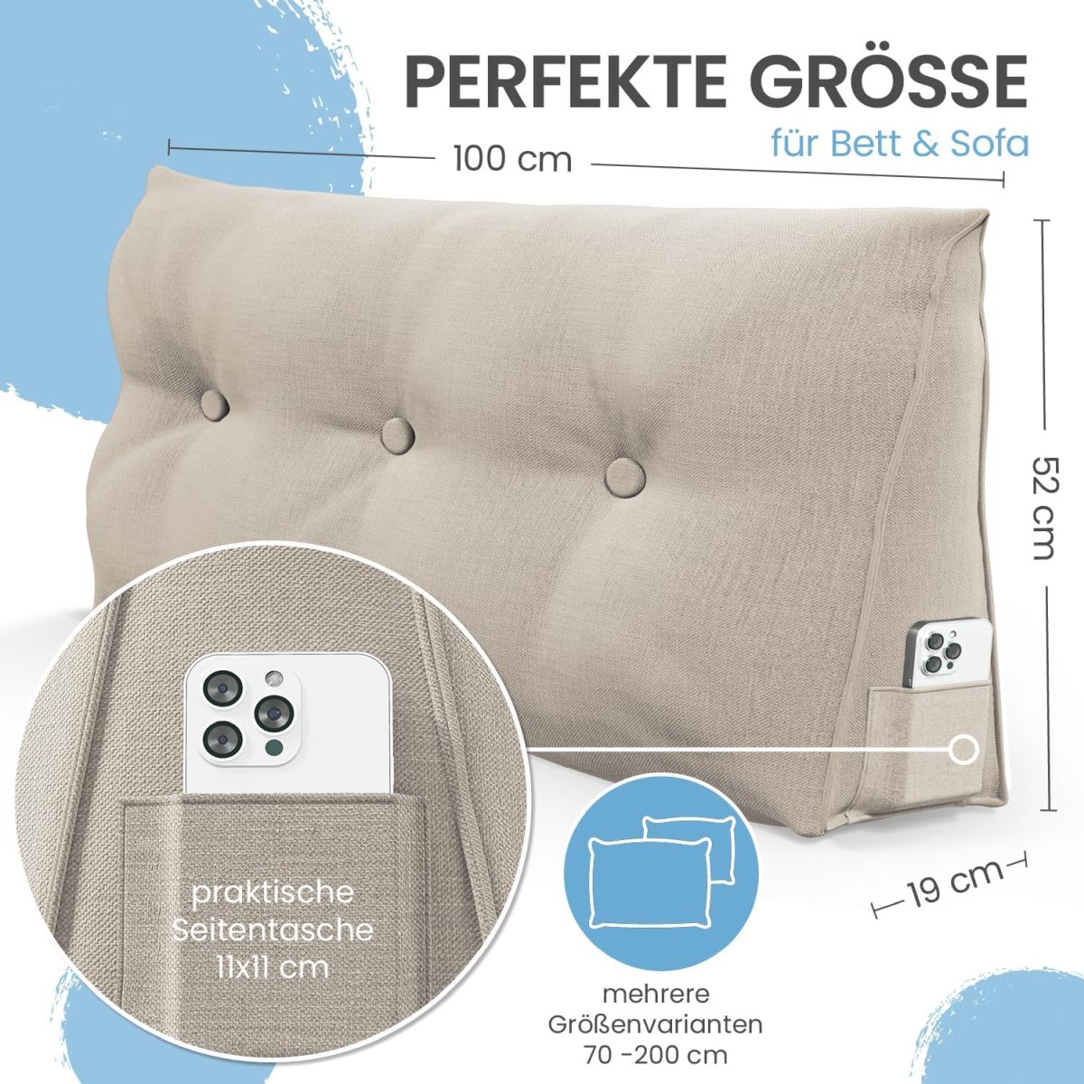 ELONEO Rückenkissen 100 cm – Keilkissen / Lesekissen für Bett & Sofa