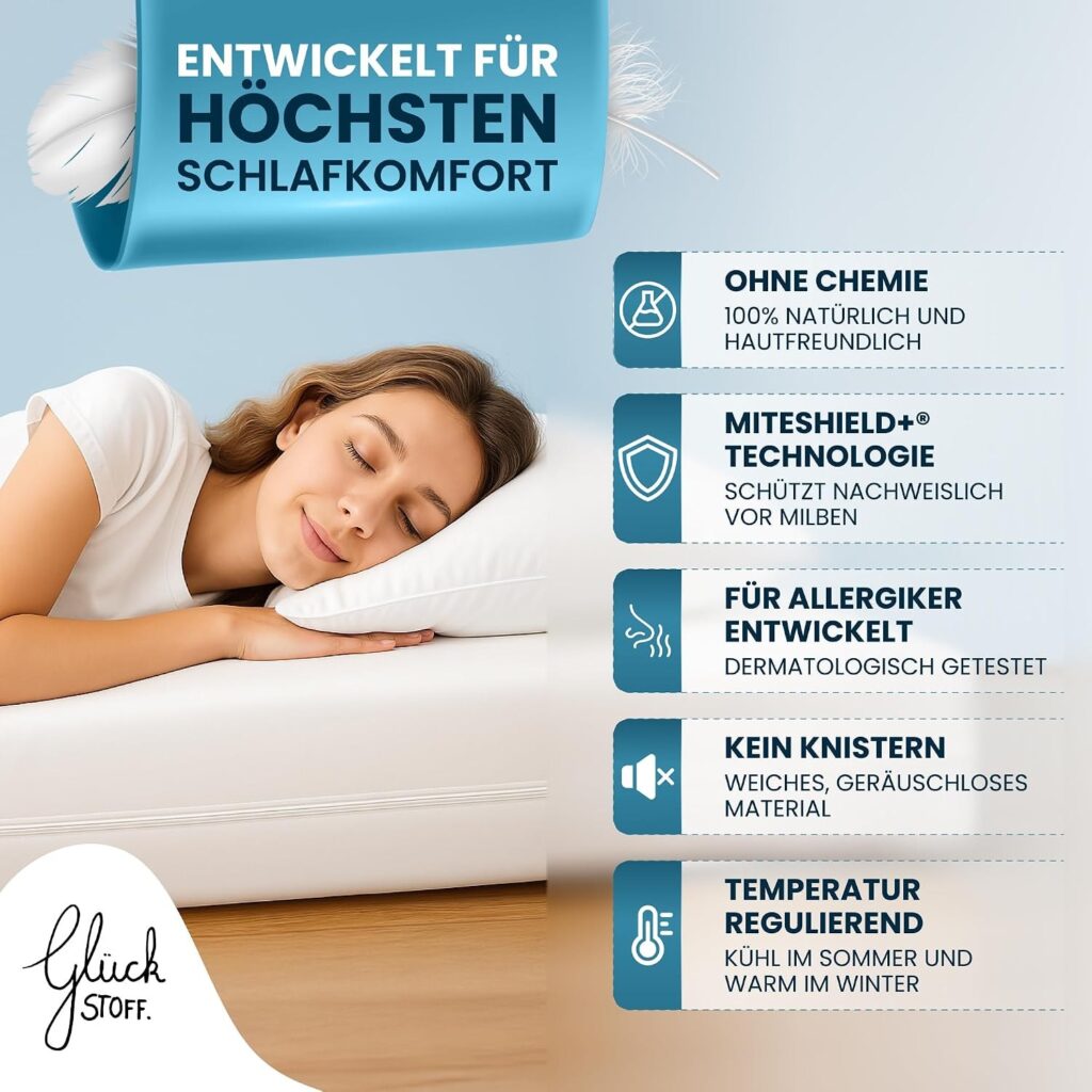Matratzen kaufen Schweiz, Bettdecken kaufen Schweiz, Kopfkissen kaufen Schweiz Une femme dort paisiblement sur un matelas recouvert d'une housse anti-acariens « Glückstoff »