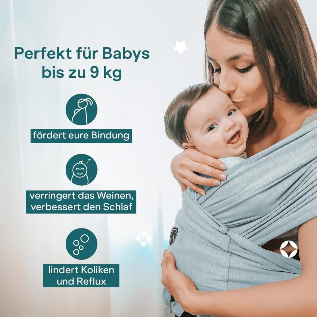 Matratzen kaufen Schweiz, Bettdecken kaufen Schweiz, Kopfkissen kaufen Schweiz Mutter trägt ihr Baby im Koala Cuddle Band Tragetuch