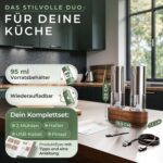 Komplettset mit Massen: 2 Mühlen, Akazienholz-Halter, USB-C-Kabel und Reinigungspinsel