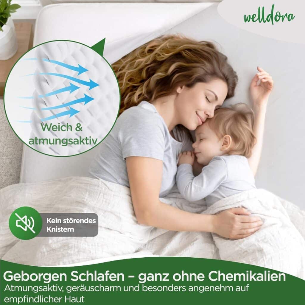 Matratzen kaufen Schweiz, Bettdecken kaufen Schweiz, Kopfkissen kaufen Schweiz La mère et l'enfant dorment sur un lit équipé d'une housse anti-acariens Welldora.