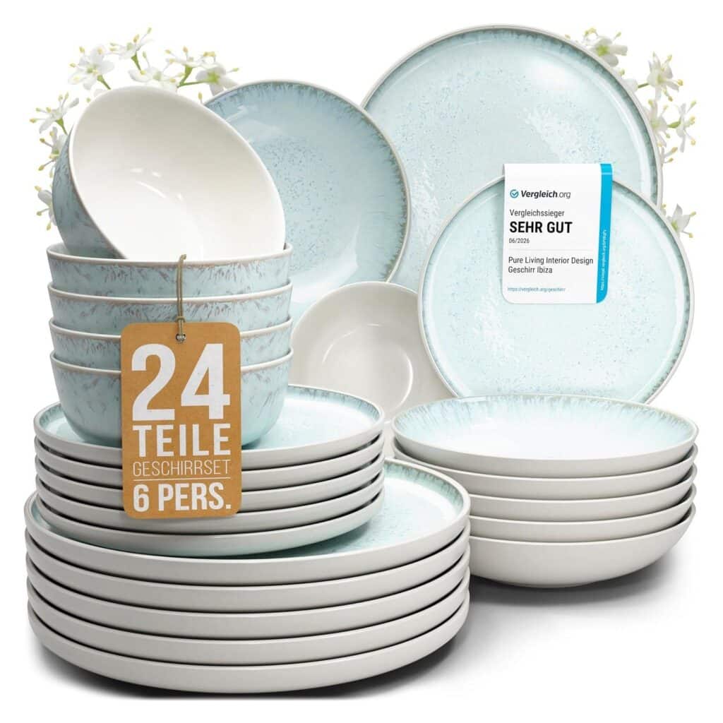 Matratzen kaufen Schweiz, Bettdecken kaufen Schweiz, Kopfkissen kaufen Schweiz Servizio di stoviglie in gres Ibiza Light nei toni del beige e del blu, 24 pezzi