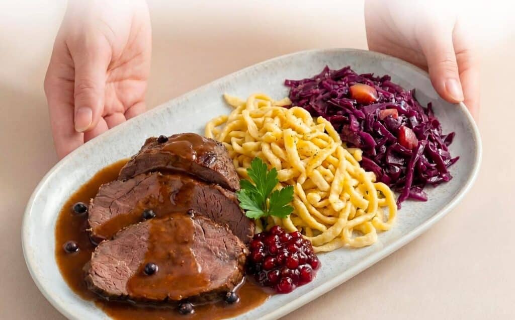 Matratzen kaufen Schweiz, Bettdecken kaufen Schweiz, Kopfkissen kaufen Schweiz Piatto da portata Ibiza Light con arrosto, spätzle e cavolo rosso